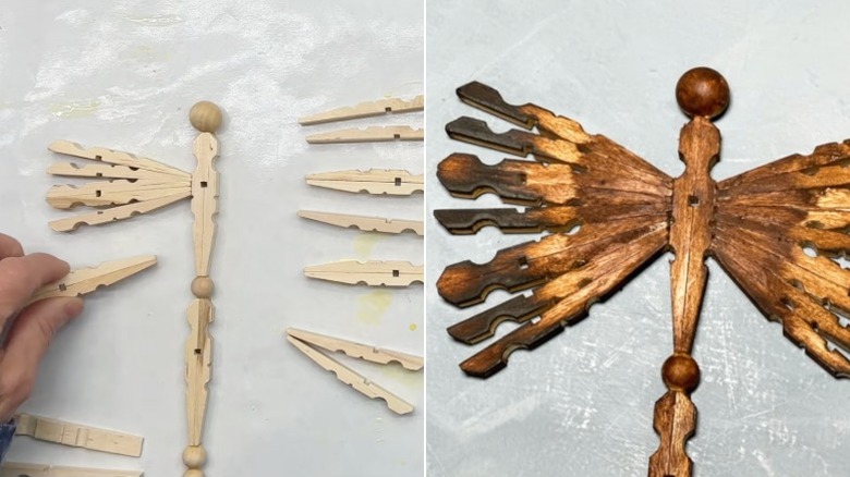 Clothespins laid out to look like a dragonfly and a completed clothespin dragonfly painted brown.