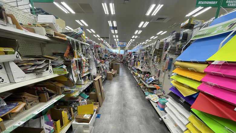 A look down the office supply aisle of a Dollar Tree