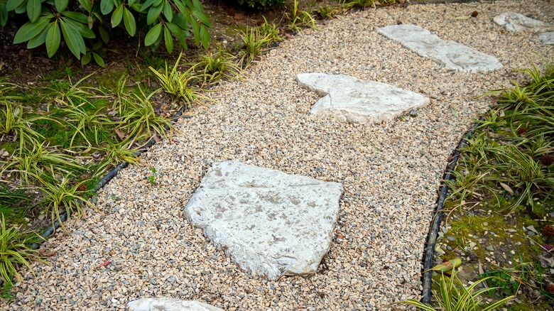A garden path combining rocks and gravel