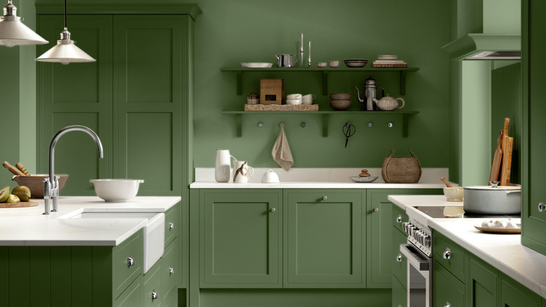 Calke Green on kitchen walls and cabinets