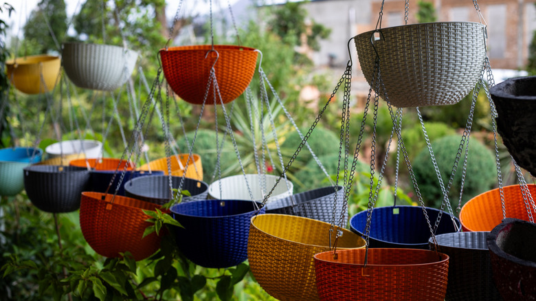 Empty baskets with plants in background