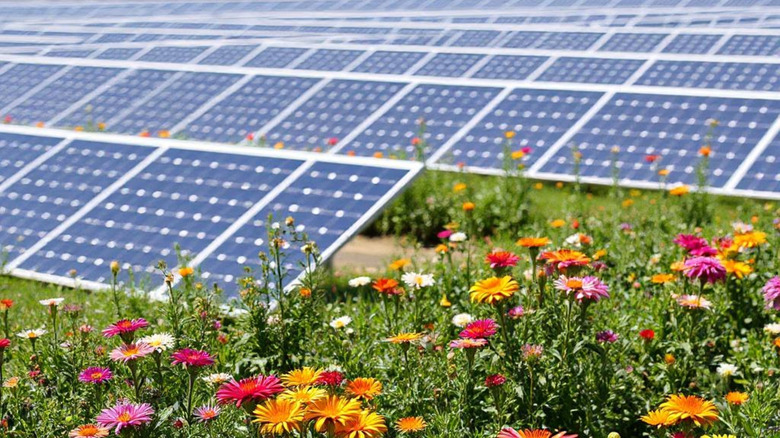 Colorful flowers around a solar panel system