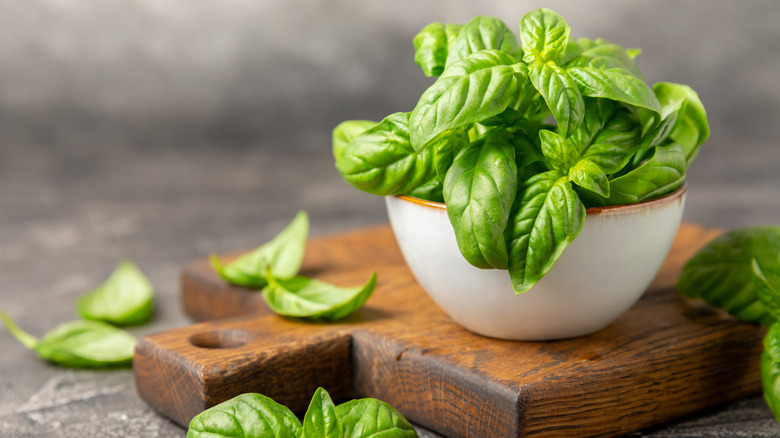 A bowl of fresh basil on a cutting board with some basil leaves scattered around it