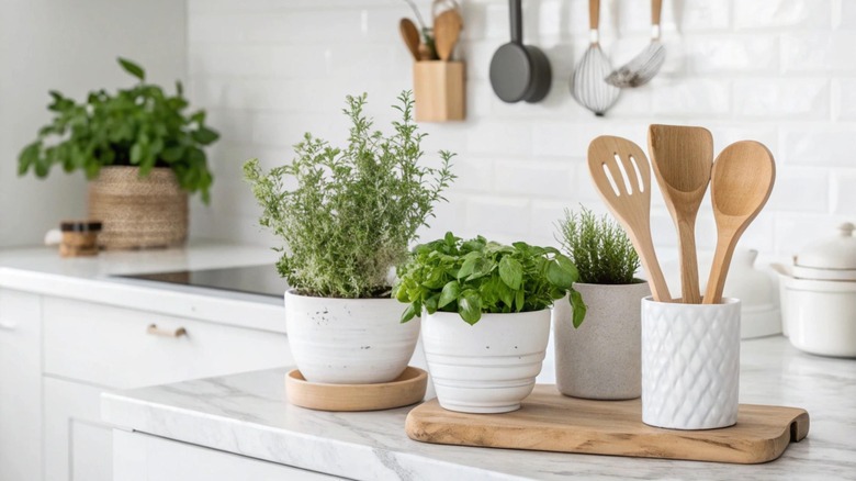 Different kinds of potted plants on a kitchen's countertop