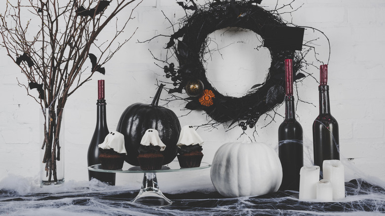 black and white Halloween decor