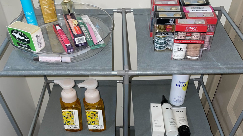 Bath and beauty supplies on a 6-cube storage rack