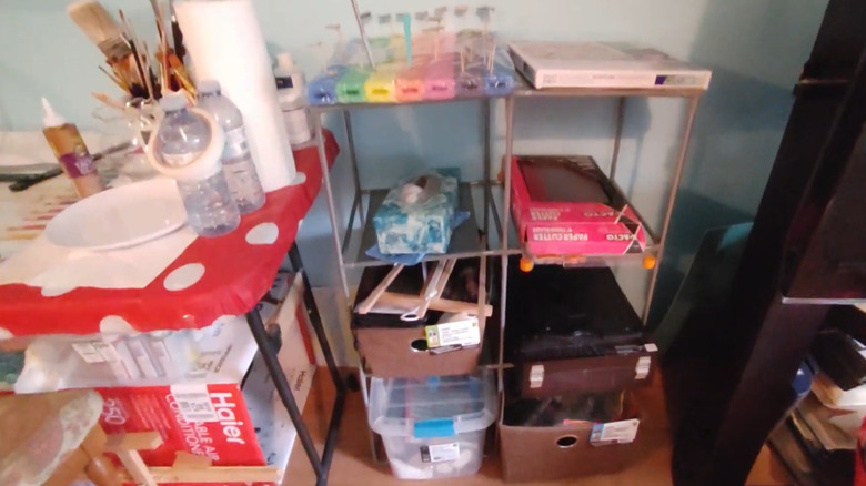 A cube storage rack used for storing craft and art supplies