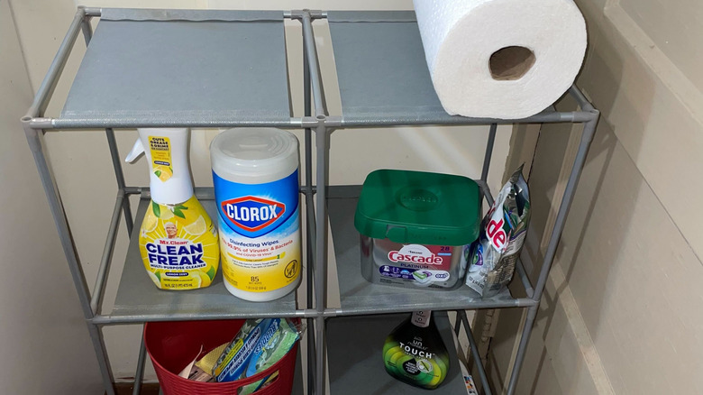 Cleaning supplies organized in cube storage