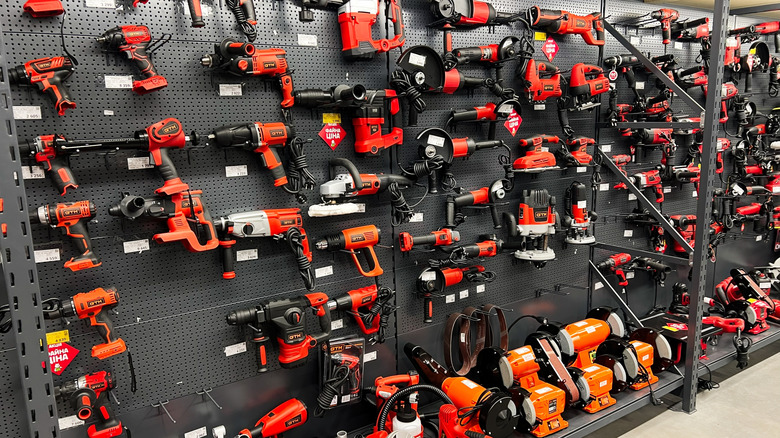 A retail display featuring a wide variety of industrial power tools and accessories.