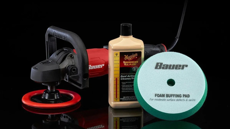 Bauer's 12 Amp, 7 in. Variable-Speed Rotary Polisher/Sander with a bottle of mirror glaze and a Bauer foam buffing pad