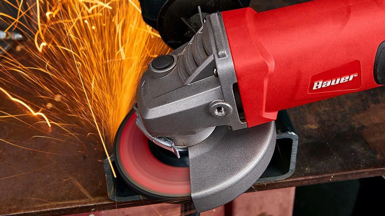 Bauer's 8 Amp, 4-½ in. Trigger-Grip Angle Grinder in use with sparks flying