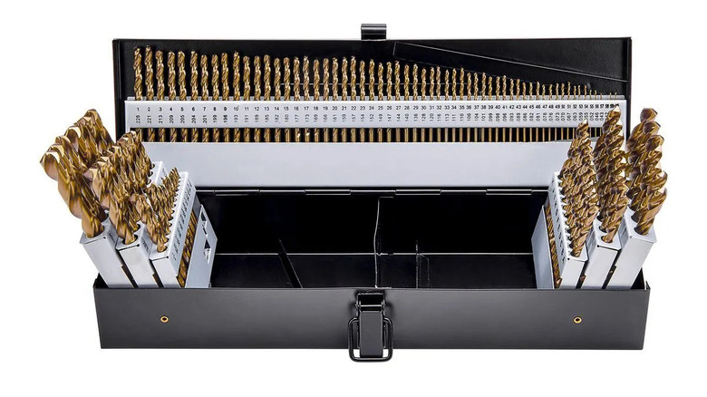 Opened Bauer drill bit set showing drill bits in various sizes.