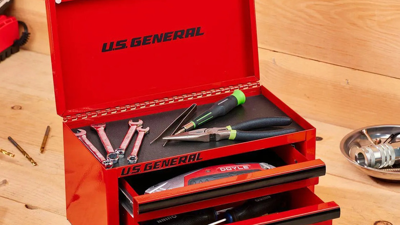 The U.S. General Mini Steel Toolbox showing drawers and lidded upper storage area