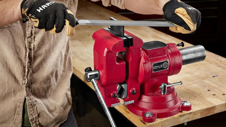 The Doyle multipurpose vice clamped to a woodworking table.