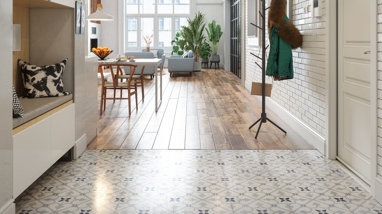 Apartment entryway, two types of flooring