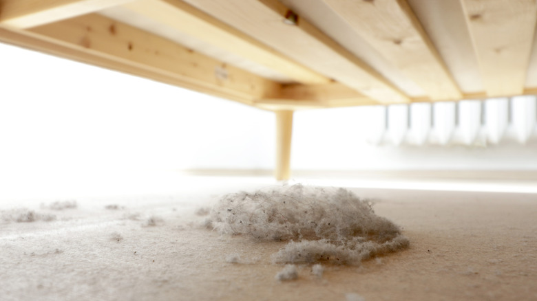 A pile of dust underneath a bed.
