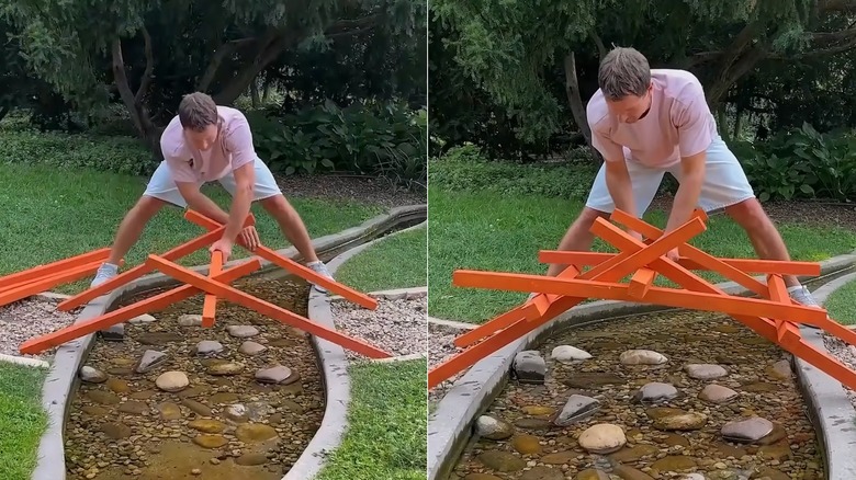 Two images: On the left, a man assembling a DIY mini bridge made of orange wood planks over a stream; on the right, the same man finishing the bridge