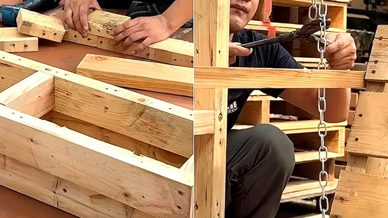 Split image of a person placing wood blocks together for wooden pallet swing, and a person attaching the chain for the swing