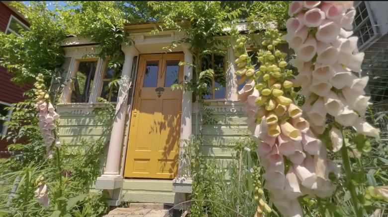 A fairytale cottage with flowers and vines.