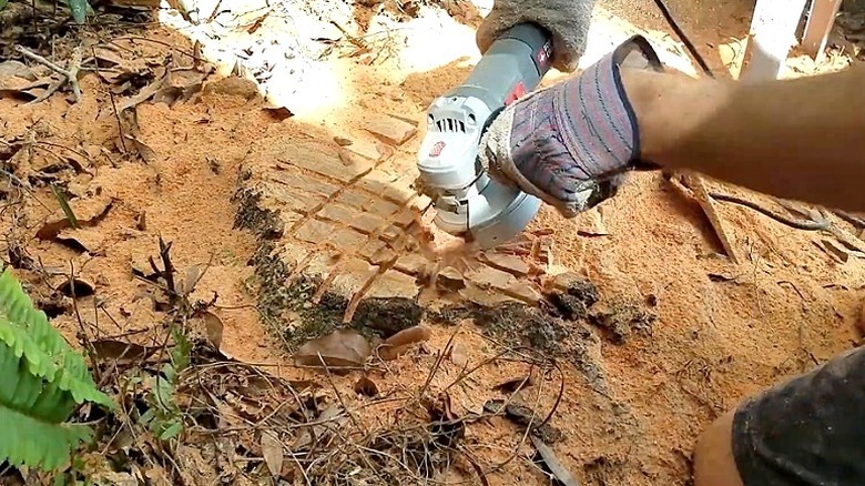 A person uses an angle grinder to carve up a tree stump in the ground