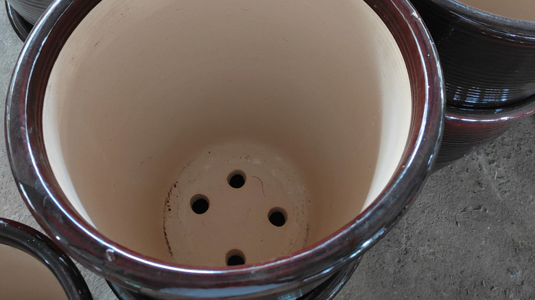 Drainage holes placed along the bottom of a large planter.