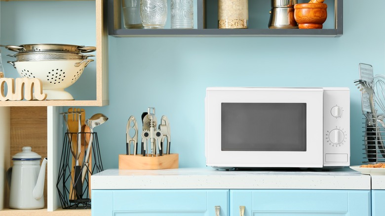 Microwave in trendy retro kitchen