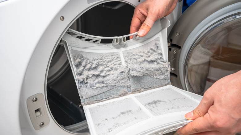 person removing lint from dryer