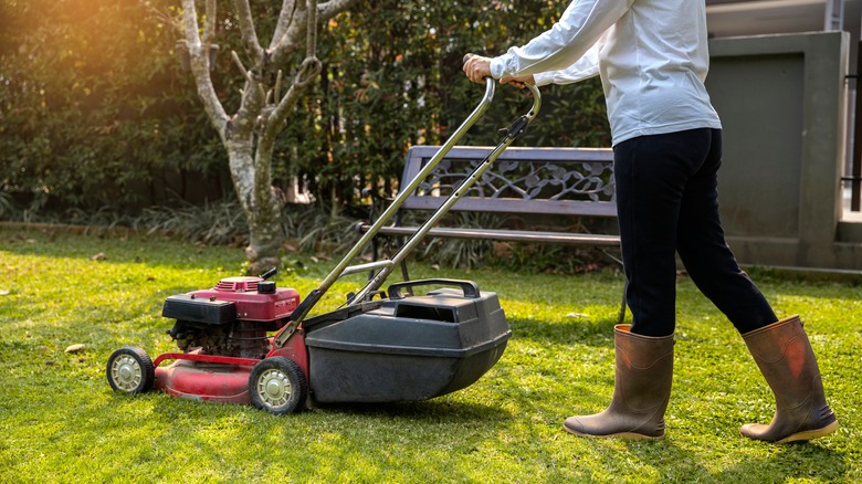 person mowing grass