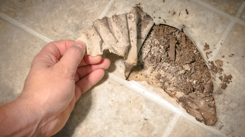 A hand pulling back vinyl flooring
