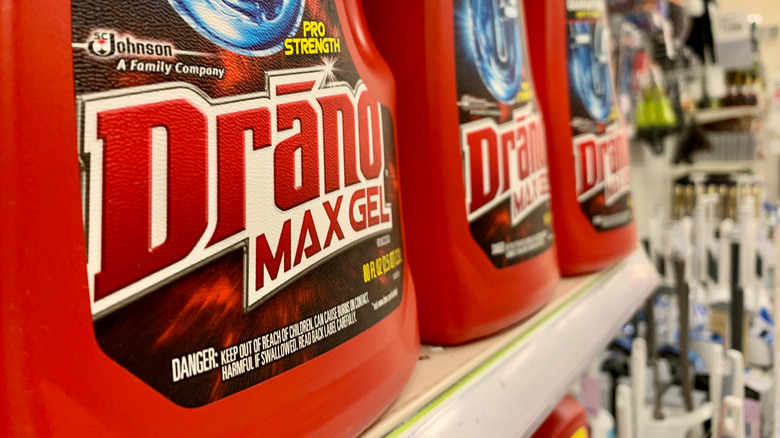 Bottles of Drano on shelf