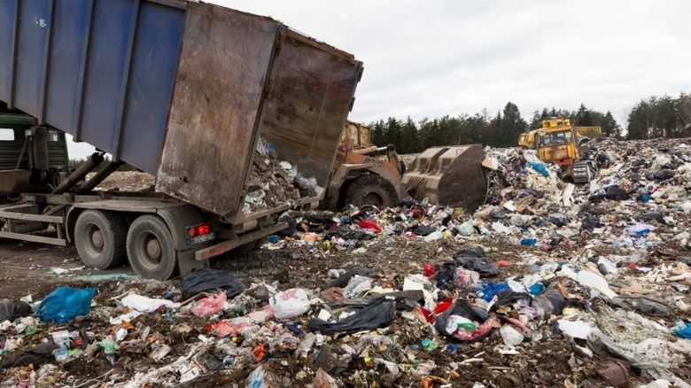 A garbage truck unloading rubbish into a landfill site