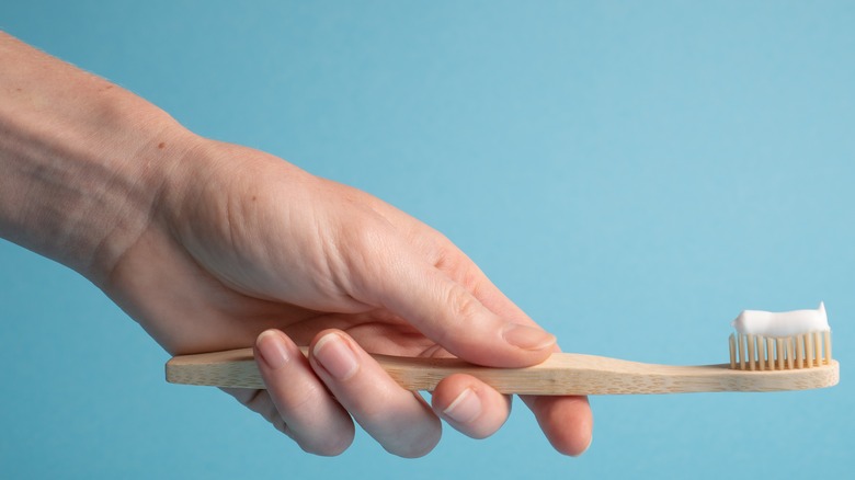 Woman's hand holding toothbrush