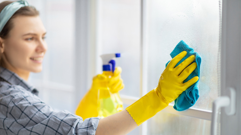 woman cleaning windows with cloth