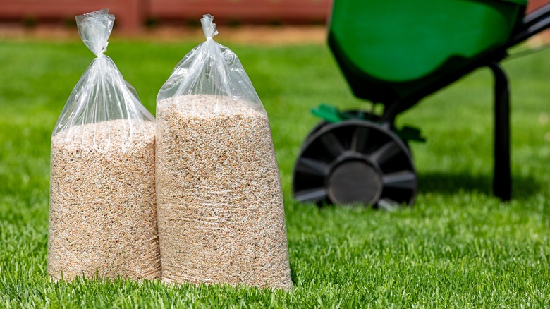 Bags of fertilizer and broadcast spreader on lawn