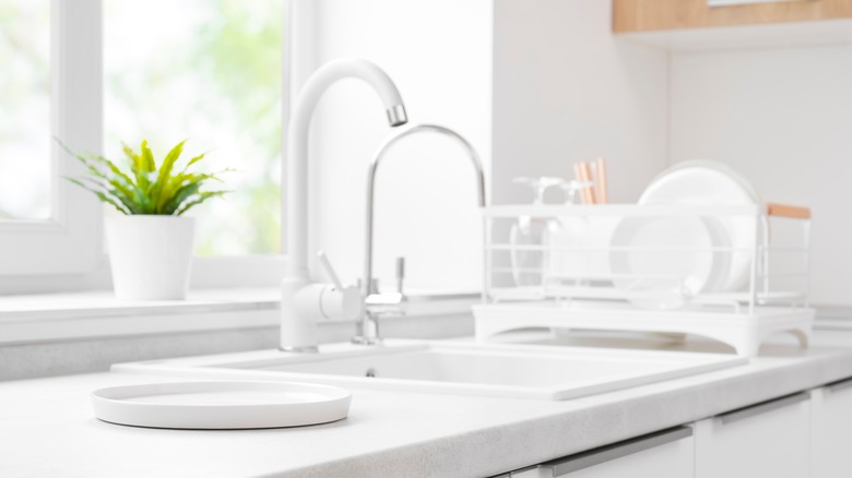 White tray on kitchen countertops