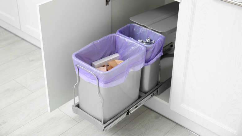 Trash can inside kitchen cabinet