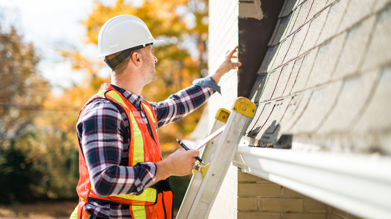 man inspecting roof of house