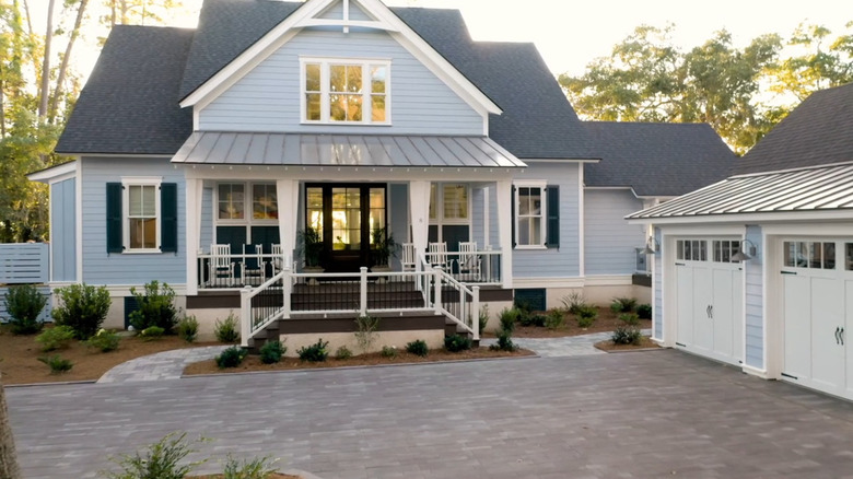The front of a blue coastal house that was HGTV's 2020 Dream Home