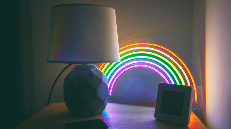 neon sign on side table