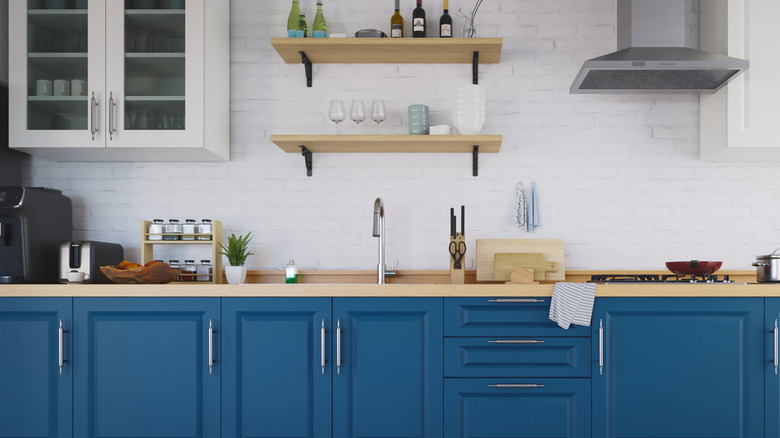 indigo cupboards in a kitchen