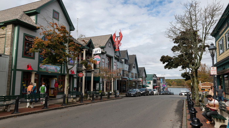 A quaint street leading to the water in Bar Harbor, Maine.