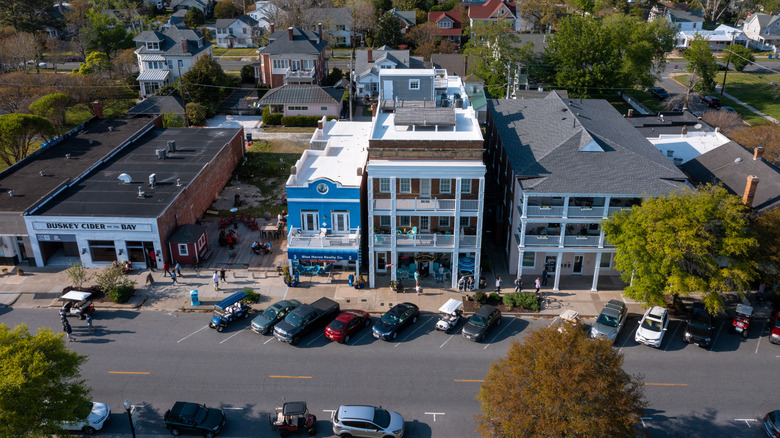 A drone shot of downtown Cape Charles, Virginia.