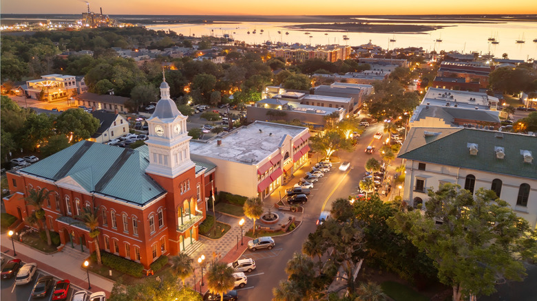 A drone shot of Fernandina Beach, Florida, at sunset.