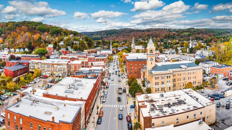 An aerial view of fall in Montpelier, Vermont.