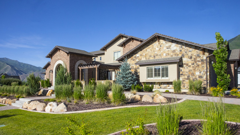 Bushes and trees in front of landscaping structures and a wall