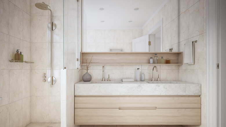 Neutral champagne and white bathroom