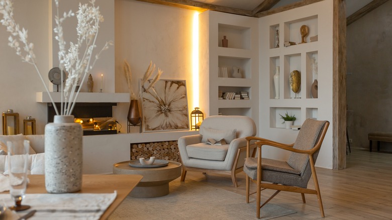 Built-in shelves and fireplace