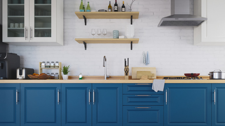 indigo cupboards in a kitchen