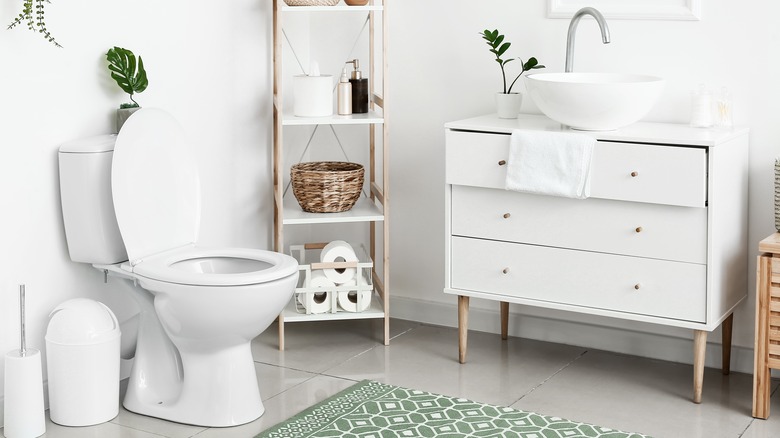 white bathroom with area rug