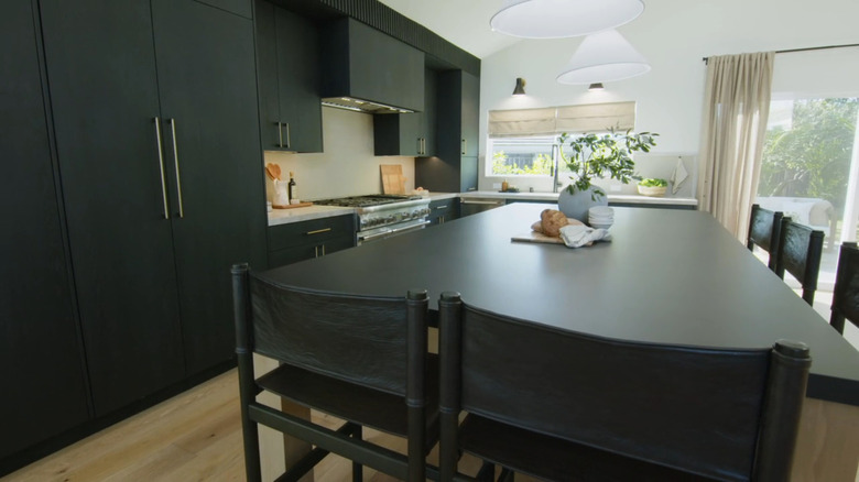Black countertops in remodeled kitchen